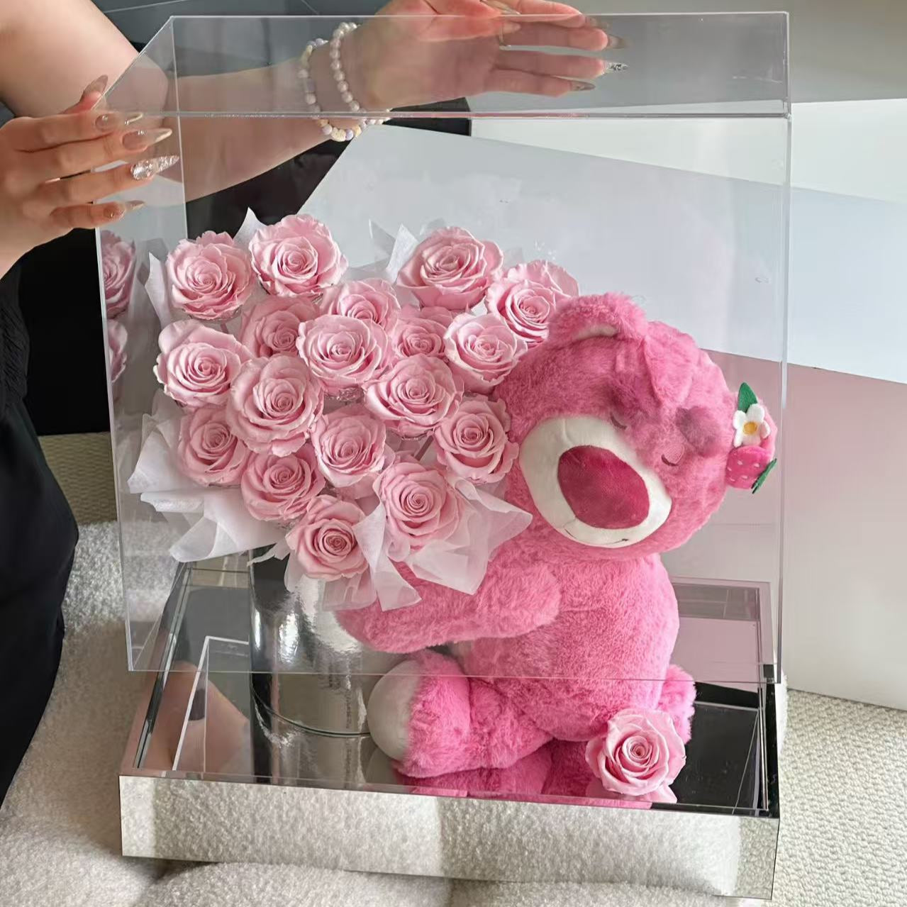Lotso Bear with Bouquet of Pink Preserved Roses