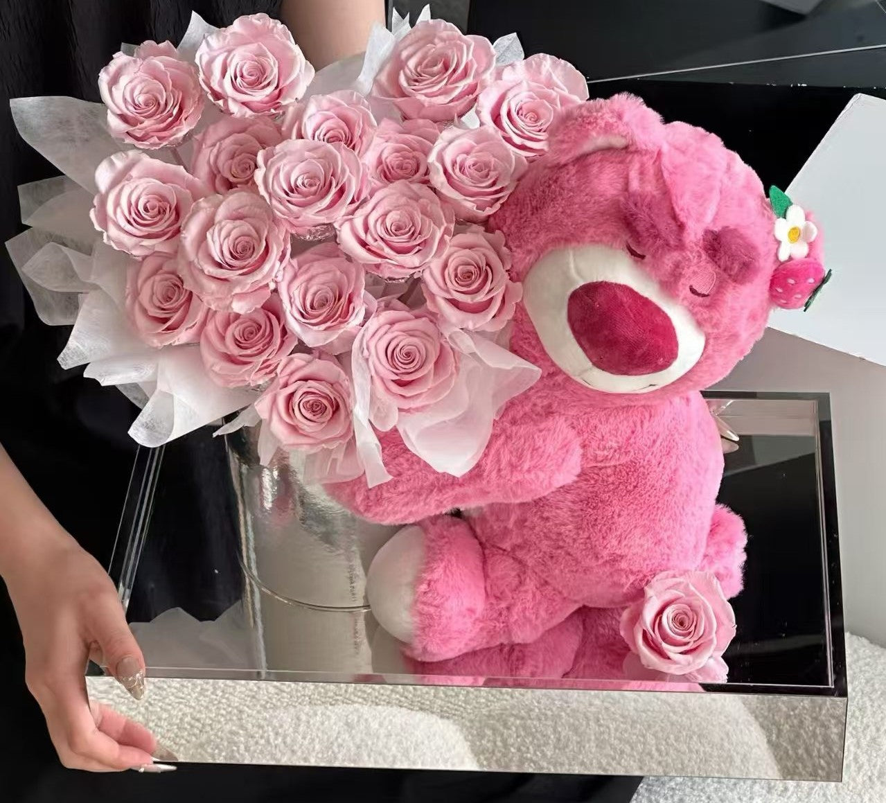 Lotso Bear with Bouquet of Pink Preserved Roses