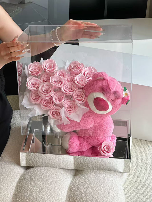 Lotso Bear with Bouquet of Pink Preserved Roses